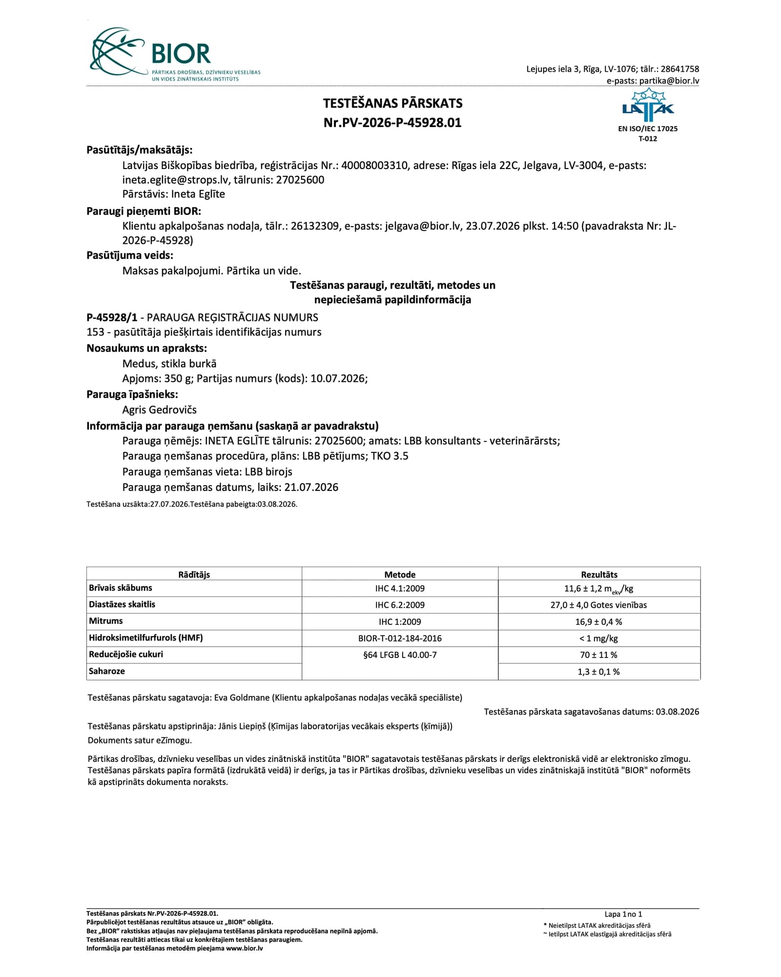 BIOR testēšanas pārskats Nr. PV-2026-P-45928.01 — medus kvalitātes rādītāji: HMF zem 1 mg/kg, diastāzes skaitlis 27,0, mitrums 16,9 %